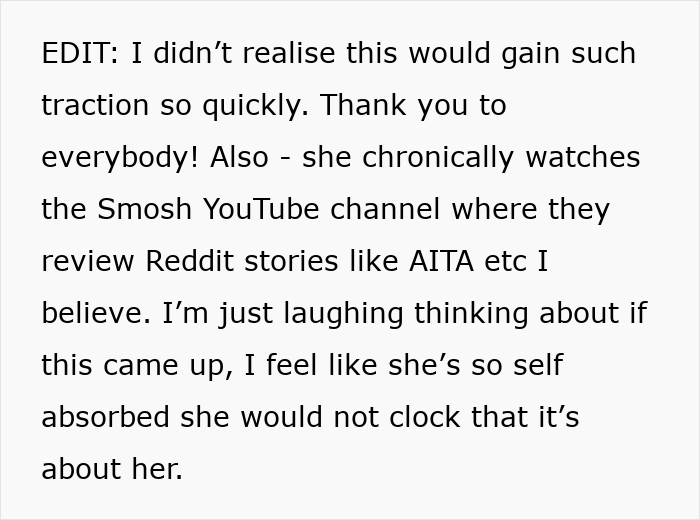 Text post discussing a woman ending a 15-year friendship after a purse fiasco with reflections on self-absorption.