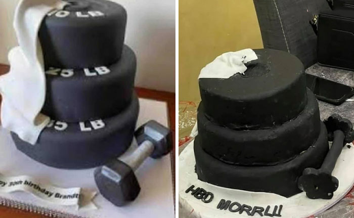 Comparison of ordered versus received cake shaped like dumbbells and weights, showcasing a hilarious fail in e*******n.