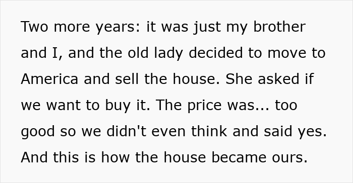 Text excerpt about siblings sharing a house after buying it from a family member, causing a huge fight over living space.