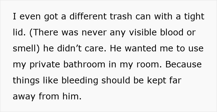 Text excerpt describing a woman explaining how her boyfriend found her period disgusting and wanted her to hide it.