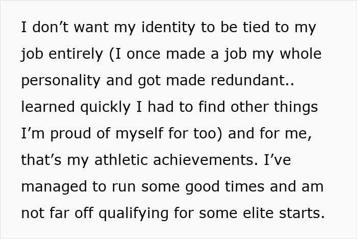 Text excerpt showing a man reflecting on identity beyond job and highlighting athletic achievements a year into relationship earning more.