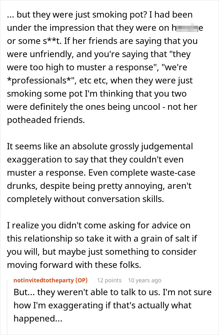 Text conversation showing a woman accusing homeowners of ruining her party by not leaving their home during the event.