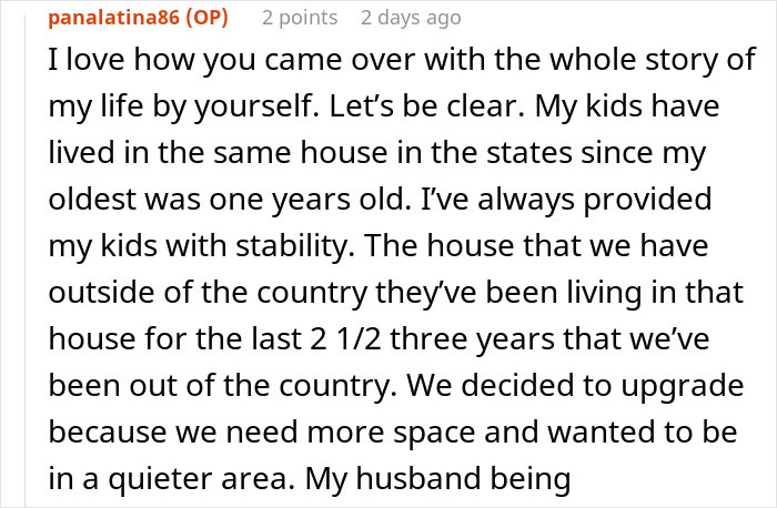 Screenshot of a Reddit comment discussing family stability and expectations after missing a flight, showing a lesson for the husband.