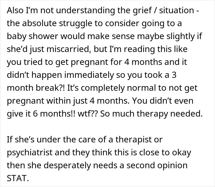 Text discussing confusion over grief related to attending a sister&rsquo;s baby shower and the need for therapy.