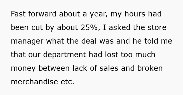 Text excerpt describing employee hours cut and store manager explaining department losses in a pet store.