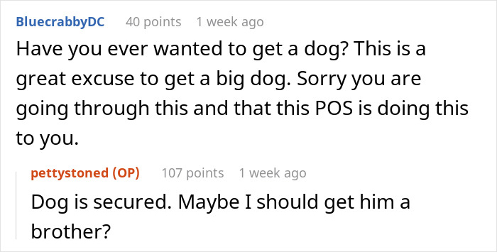 Comments discussing a stalker customer who found the home and rang the doorbell, with users suggesting getting a dog for protection.