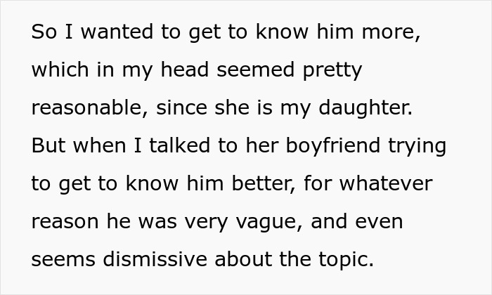 Text excerpt showing a mother describing her boyfriend acting secretive and dismissive when she tries to learn more about him.