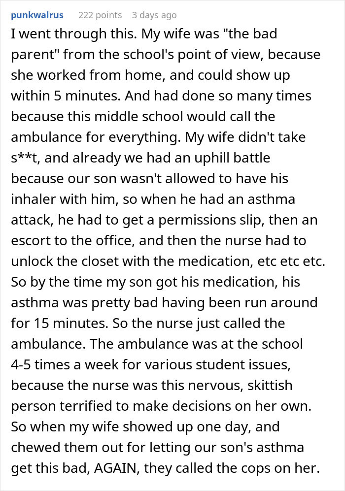Screenshot of a Reddit comment discussing a mom furious school called her instead of her husband and possible CPS call. Screenshot of a Reddit comment discussing a mom furious school called her instead of her husband and possible CPS call.