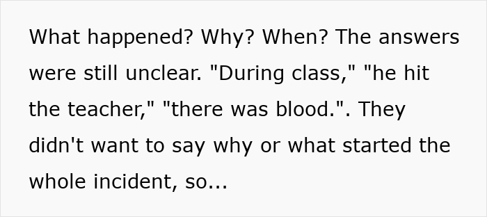 Text excerpt discussing a classroom incident where a teacher scares a student and the student hits her in shock.