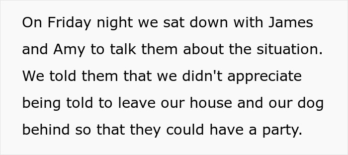 Text excerpt about homeowners confronting guests who refused to leave and disrupted a party at their home.