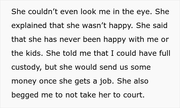 Text excerpt describing a wife leaving toddlers behind and the husband dealing with custody and financial strain.
