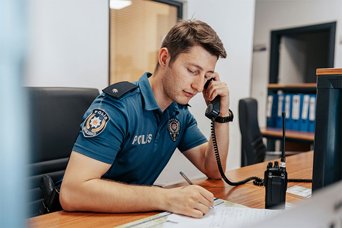 Police officer in uniform speaking on a phone while writing notes, relating to man catching a friend stealing a camera.