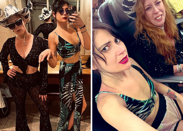 Two women posing in stylish outfits and a selfie of two women seated, highlighting big breasts discrimination claims.