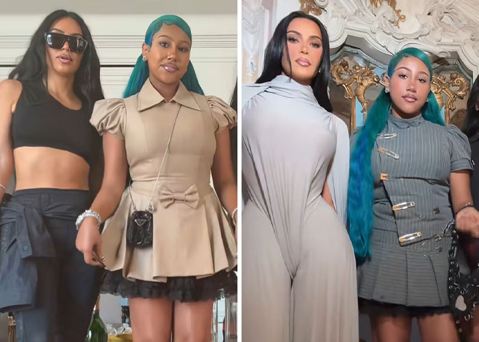 Kim Kardashian and North West posing together, highlighting controversy over North's dermal piercing on her middle finger.