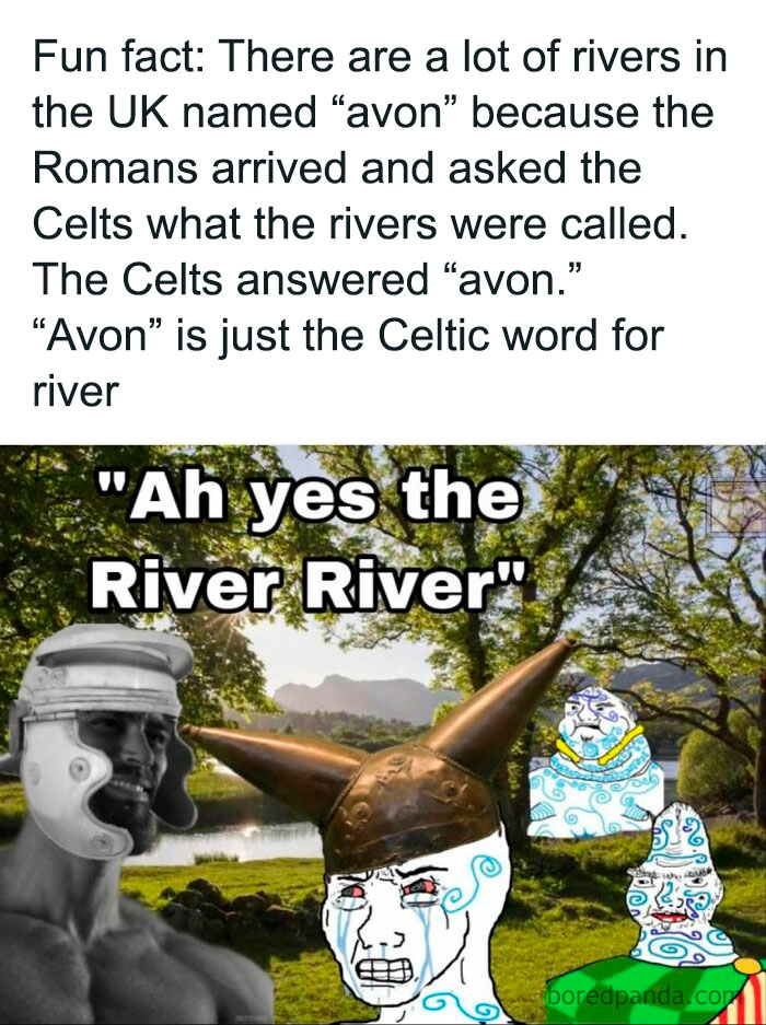 Funny history meme explaining why many UK rivers are named Avon, featuring cartoonish Viking characters by a river.