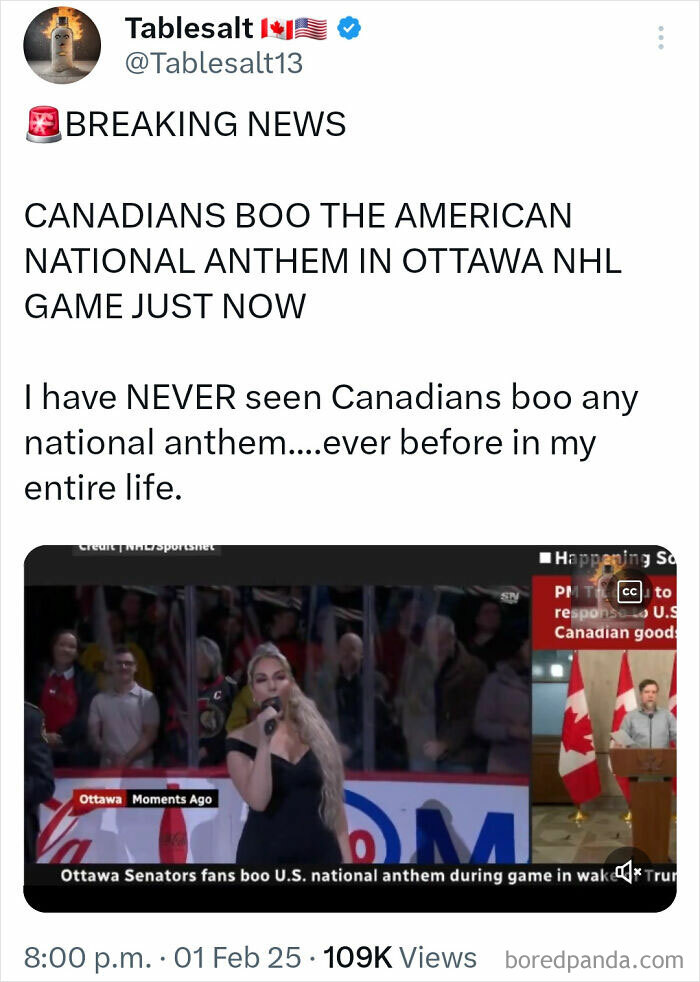 Tweet showing courage as Canadians boo the American national anthem at an Ottawa NHL game shared online.