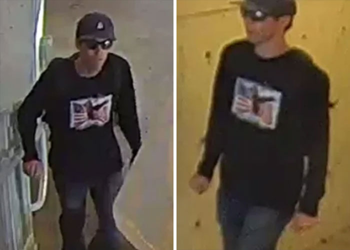 Suspect wearing dark cap and sunglasses in black shirt linked by FBI note and DNA evidence to Tyler Robinson Charlie Kirk case.