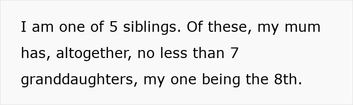 Text excerpt showing a person describing their family, mentioning having 5 siblings and a mother with 7 granddaughters. Text excerpt showing a person describing their family, mentioning having 5 siblings and a mother with 7 granddaughters.
