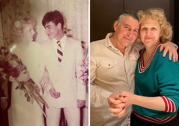 Pareja posando joven en boda y años después como padres icónicos, compartiendo un momento tierno y cariñoso.