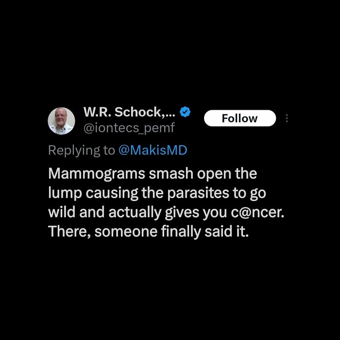 Screenshot of a tweet showing an absurd scientific take on mammograms and cancer in modern society.
