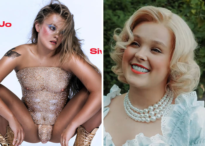 JoJo Siwa wearing a sparkling gold mini dress, striking a bold pose with tousled hair and dramatic makeup.