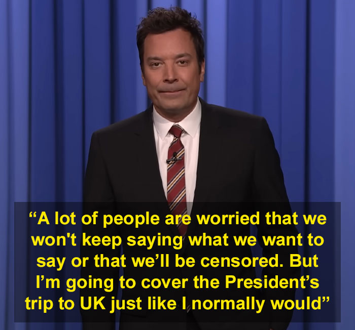 Jimmy Fallon speaking about show suspension and addressing concerns on censorship amid political coverage.