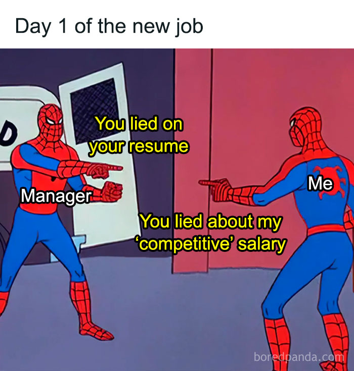 Two Spider-Man characters labeled manager and employee pointing fingers at each other over job requirements and salary lies.