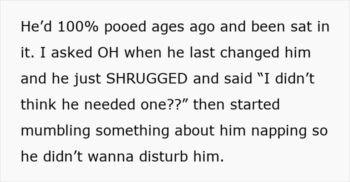 Text post describing dad forgetting to change son's diaper and not feeding him while mom is upset about his care mistakes.