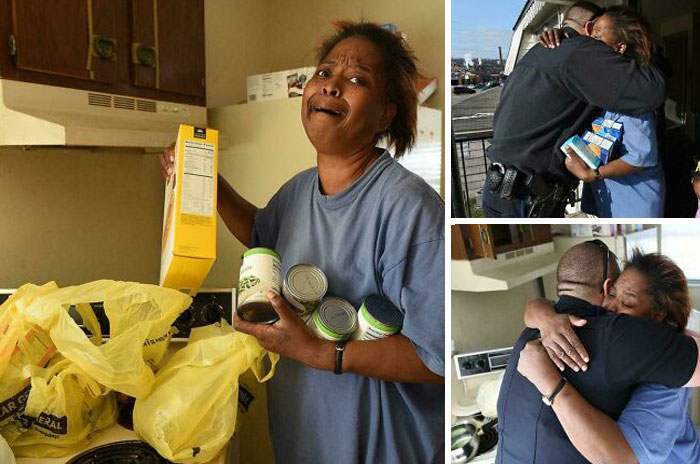 Woman receiving heartwarming help with groceries, showing emotions of gratitude and relief in a kind act of support.
