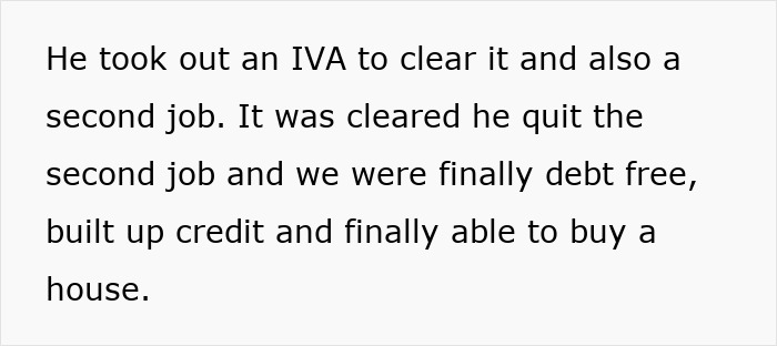 Text excerpt about clearing huge debt with an IVA, second job, and becoming debt free to buy a house.