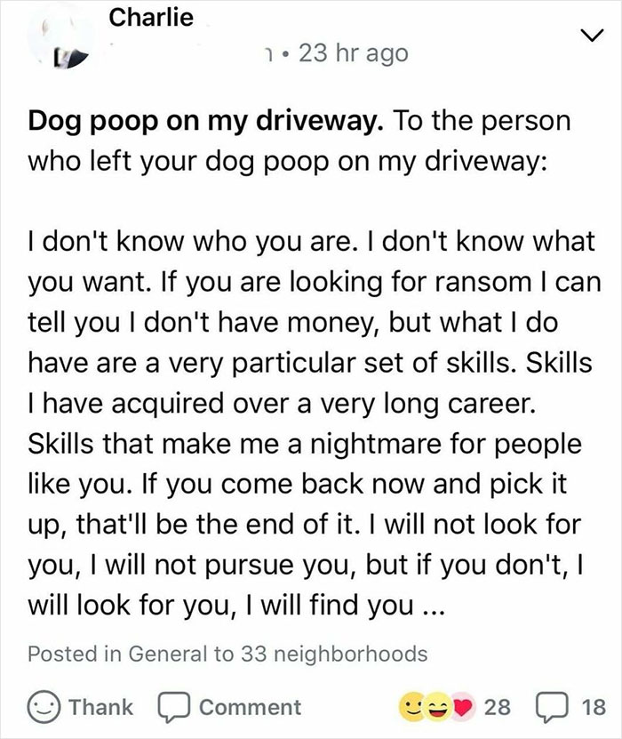 Social media post from a frustrated neighbor addressing dog p**p left on their driveway in an unbearable neighbors thread.