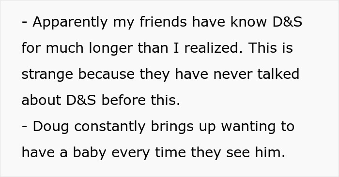 Text post discussing friends knowing D&S longer than expected and Doug frequently wanting to have a baby. Text post discussing friends knowing D&S longer than expected and Doug frequently wanting to have a baby.