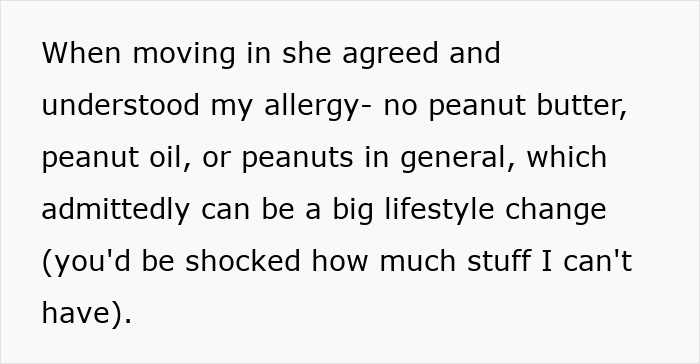 Text excerpt about woman’s allergy to peanuts, highlighting risk and family conflict over no-peanut rule and anaphylaxis. Text excerpt about woman’s allergy to peanuts, highlighting risk and family conflict over no-peanut rule and anaphylaxis.