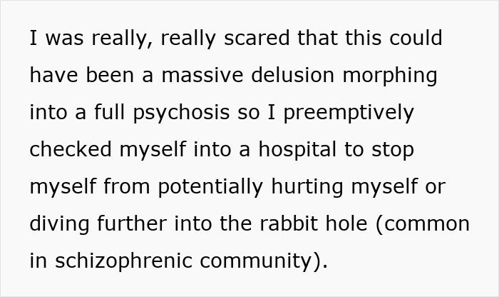 Alt text: Person describing a preemptive hospital visit to avoid worsening psychosis in the schizophrenic community prank scenario