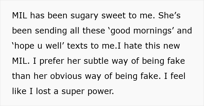 Text expressing mixed feelings about husband parents native language communication, focusing on subtle versus obvious fake behavior.