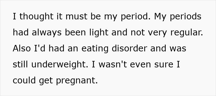 Text describing a personal experience of irregular periods and underweight struggles linked to doubts about pregnancy.