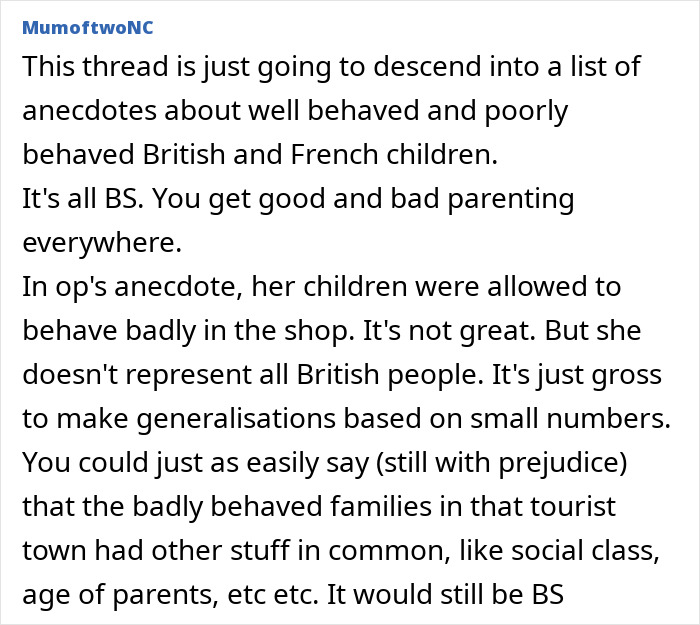Online forum discussing British woman’s parenting and French shop owner’s critique during holiday visit. Online forum discussing British woman’s parenting and French shop owner’s critique during holiday visit.