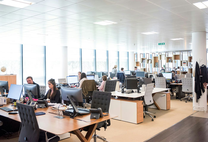 Modern open office with employees working on computers, illustrating productive environment for exploiting brilliant loopholes.