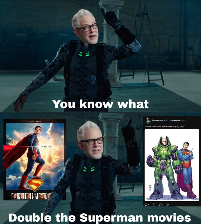 Man in glasses and patterned suit with two images of Superman, referencing Marvel memes and movie comparisons.