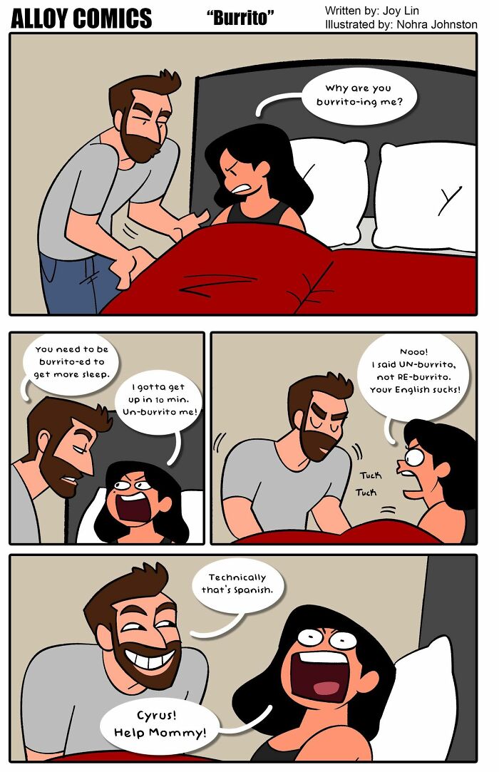 Comic panels showing a couple humorously debating burrito metaphors about love, marriage, and raising a tiny demon.