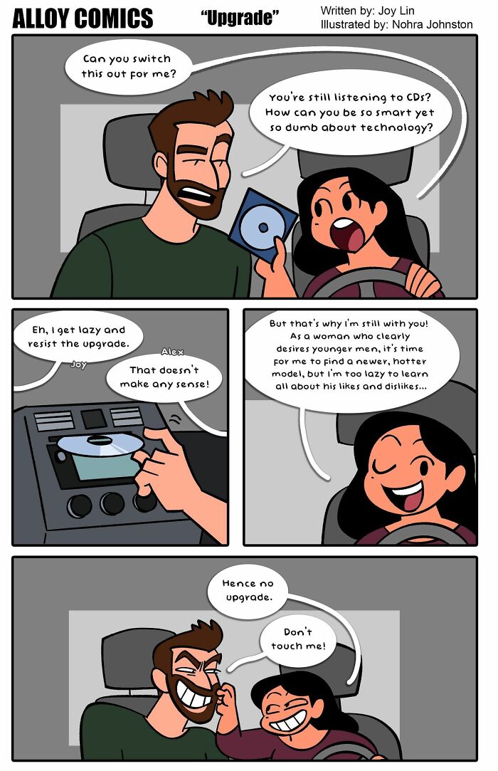 Couple humorously debating technology upgrade in a funny comic about love, marriage, and raising a tiny demon.