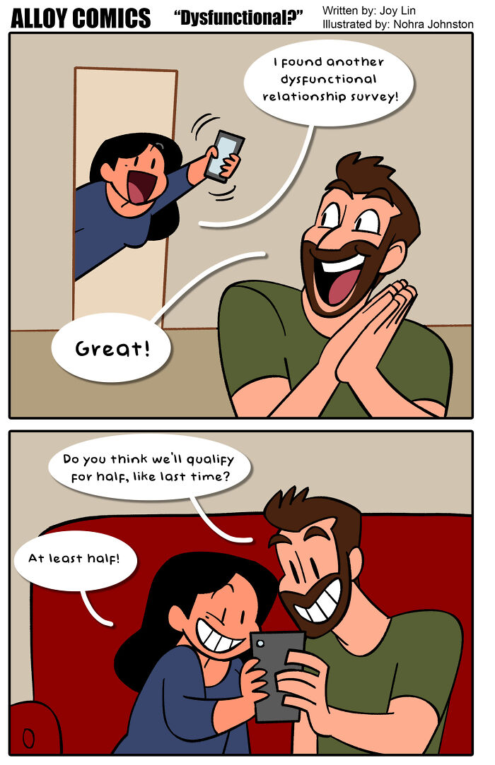 Couple laughing and sharing a funny comic about dysfunctional relationships in a colorful love and marriage comic strip.