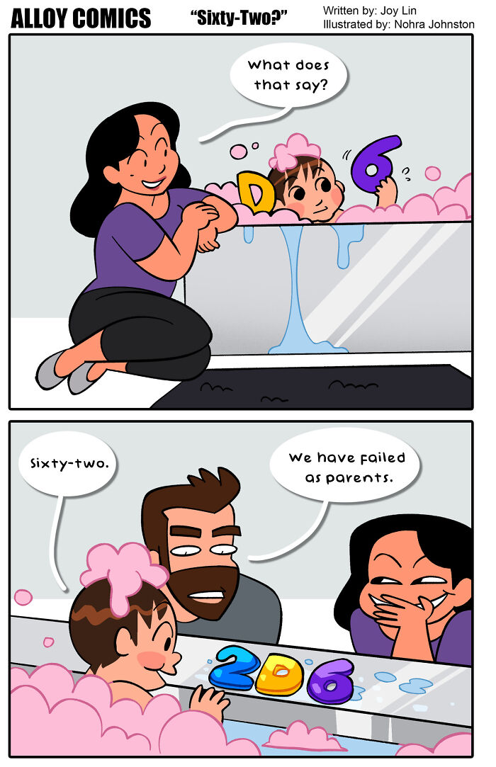 Funny comic about love, marriage, and parenting shows parents reacting to child's bathtub toy numbers and letters.