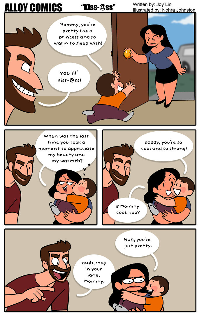 Funny comic about love and marriage showing parents and child in humorous family moments about parenting and affection.