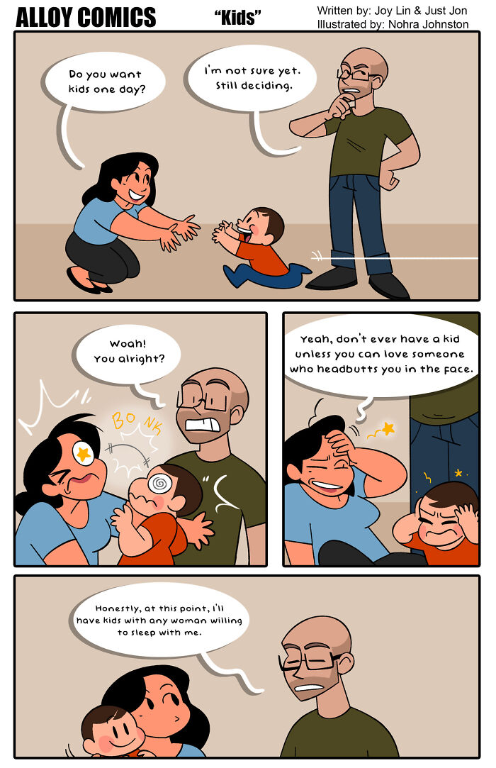 Funny comic about love, marriage, and raising a toddler who headbutts in a humorous family scene.