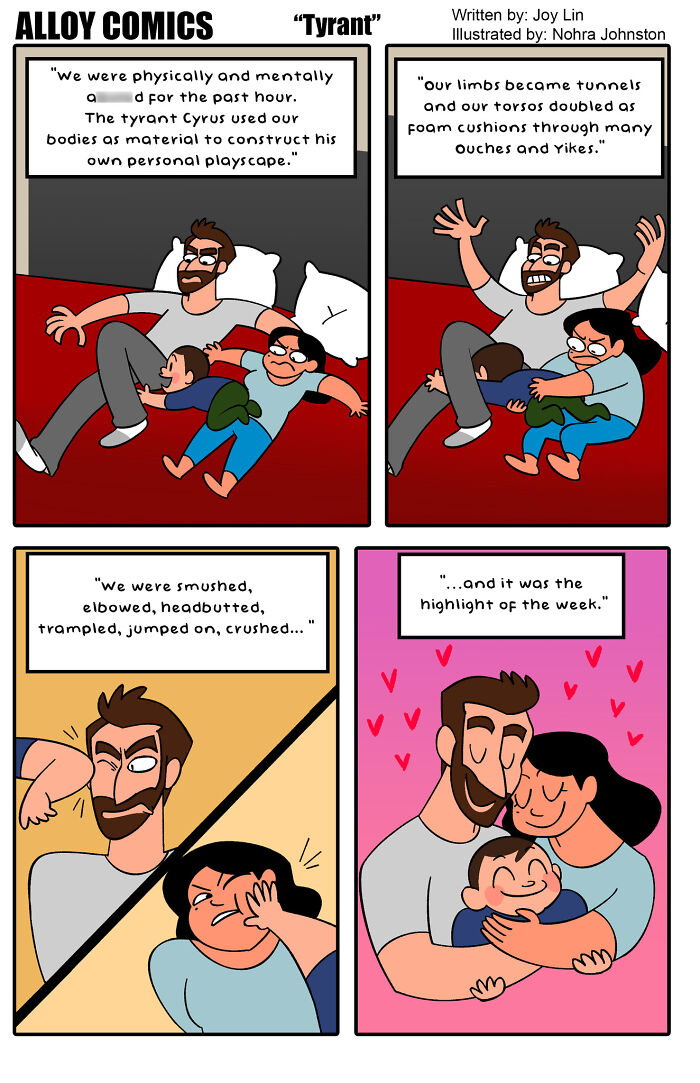 Funny comic about love and marriage showing parents playfully wrestling and hugging their child in a humorous family scene.