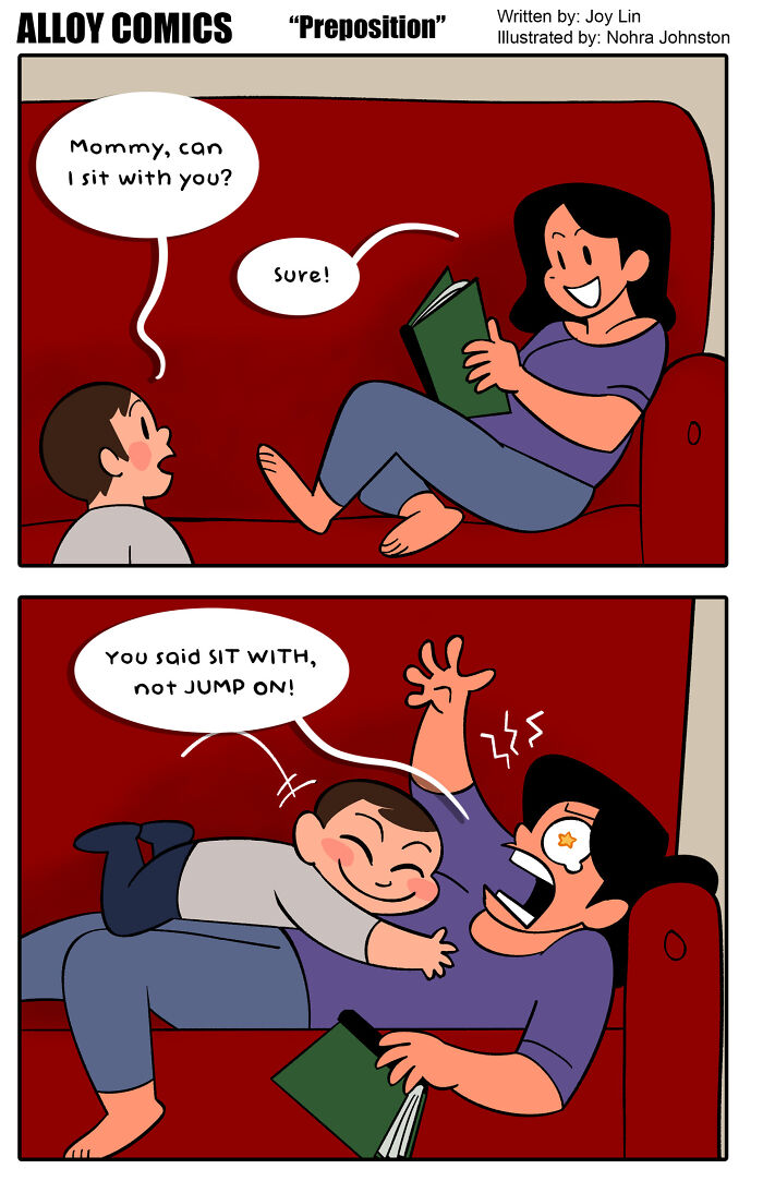Comic of a mother reading on a couch and her child jumping on her, illustrating funny moments about love and raising a tiny demon.