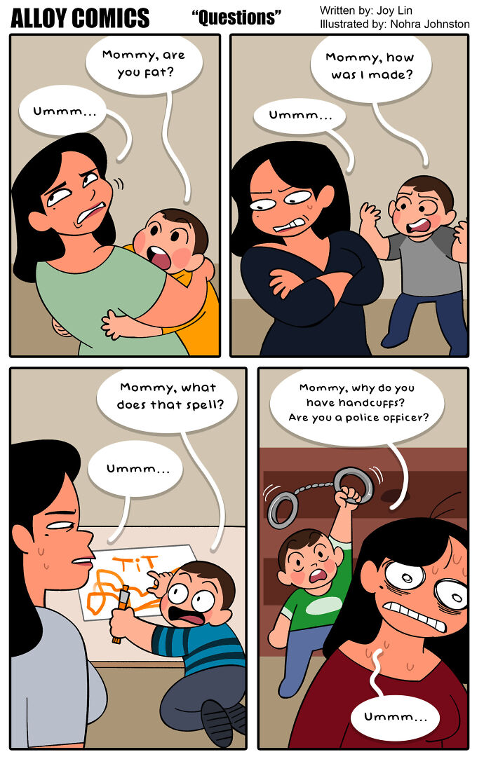 Funny comics about love, marriage, and parenting show a mother nervously answering her curious child's questions.