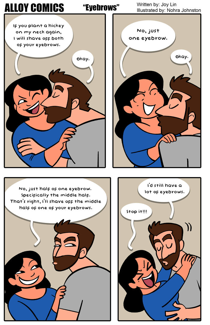 Couple in a funny comic about love and marriage, joking about shaving off various parts of eyebrows.