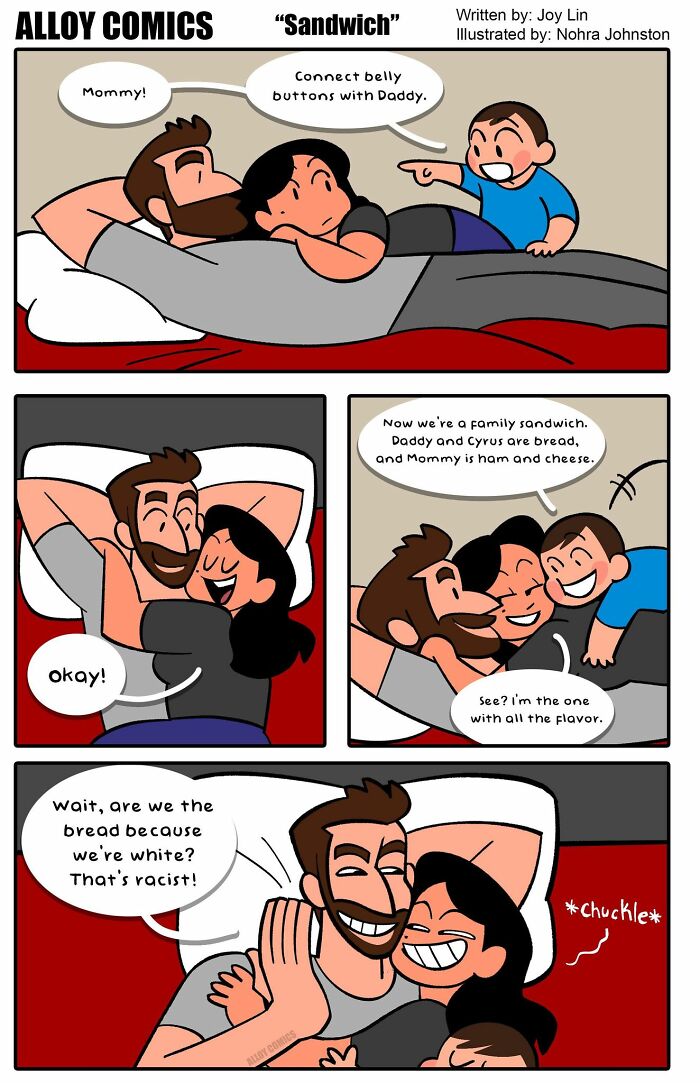 Family comic strip about love, marriage, and raising a child, portraying a humorous "family sandwich" moment in bed.